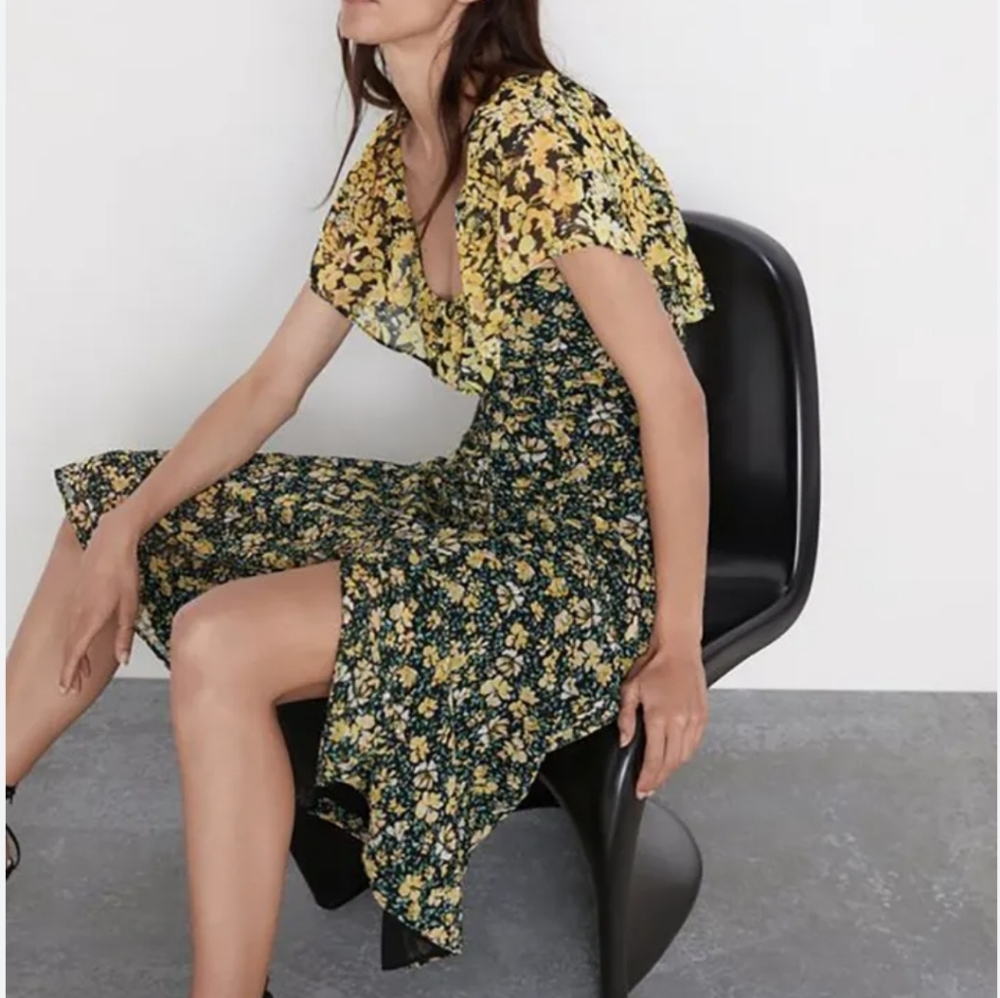 Zara Black and Yellow Floral Ruched Ruffle Sleeve Midi Dress Size X-Small